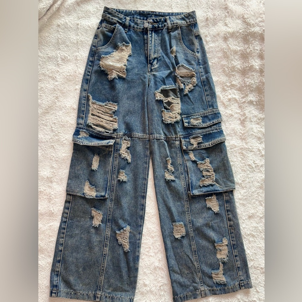 Distressed Blue Denim Cargo Pants
